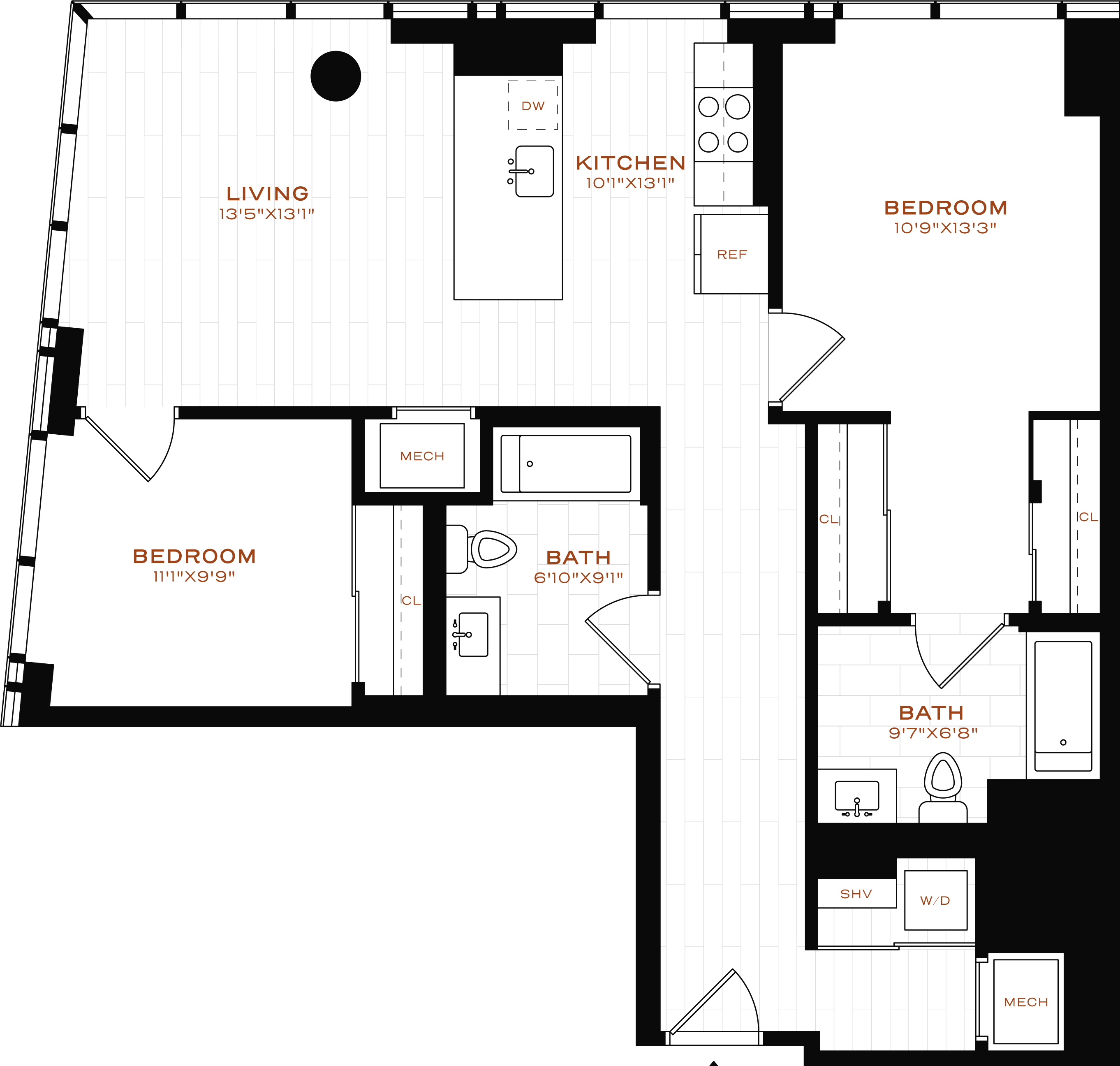Rendering of the 2 Bed-2 Bath-T-3 Floor Plan